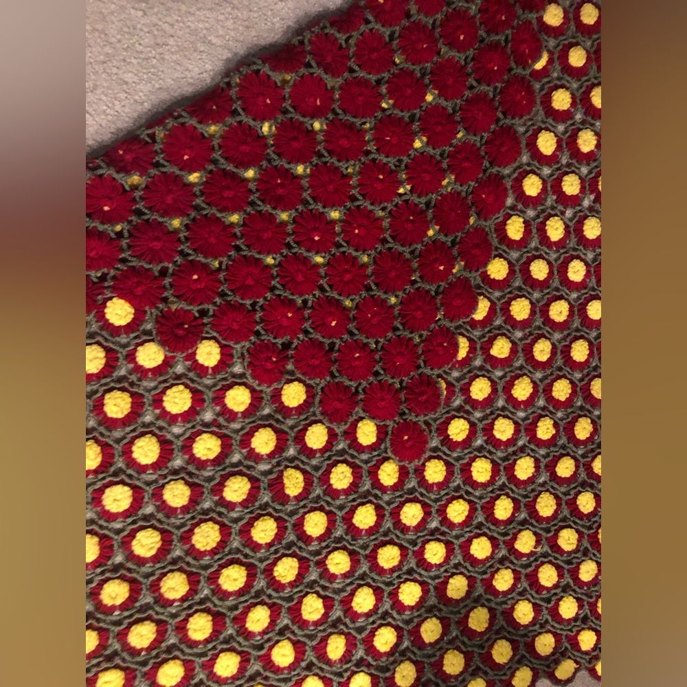 Hand crochet yellow/red flower blanket